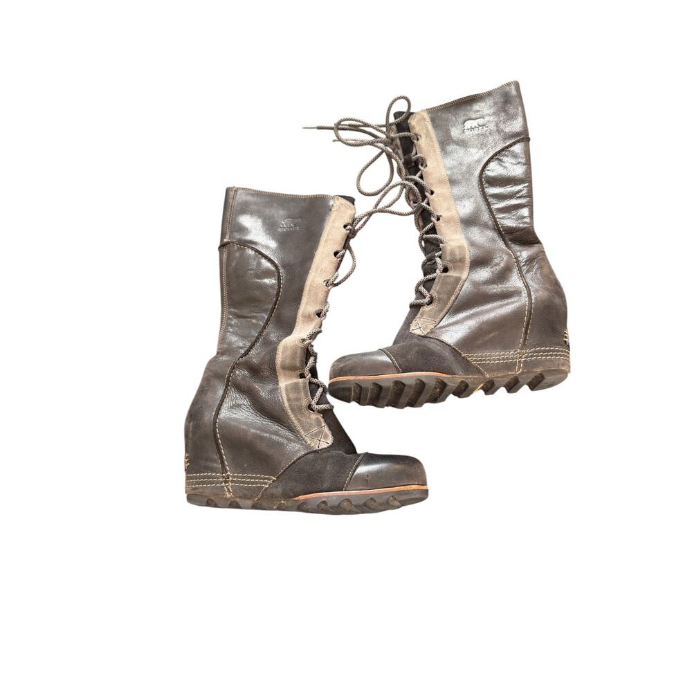 Sorel Cate the Great Boots Gray Wedge Suede Knee High Lace Up‎ Casual Size 7